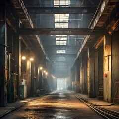 Fototapeta premium An atmospheric industrial environment with gritty metal surfaces and dimly lit corridors, evoking a sense of mystery and intrigue. 