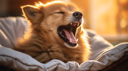 Candid shot of a dog yawning while lying comfortably on a cozy bed, with warm lighting and soft bed linen textures, perfect for pet care and lifestyle blogs, - obrazy, fototapety, plakaty