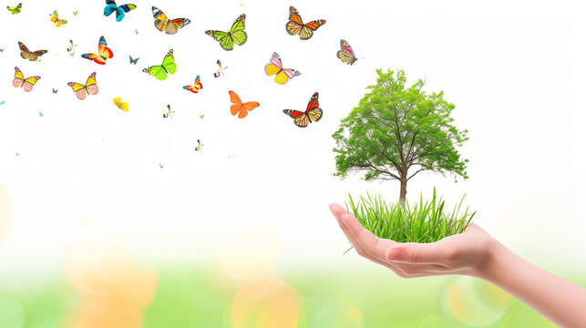  Hand cradles young tree, butterflies flutter. Sustainability, Earth Day. copy space