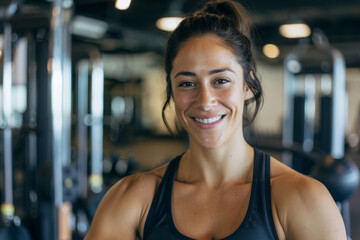 Portrait of a female fitness trainer in a gym, standing by exercise equipment and smiling at the camera