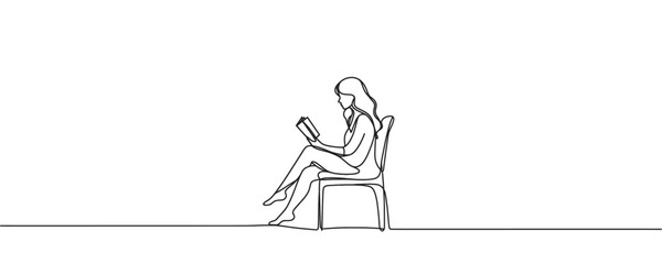 One continuous line drawing, a girl reading a book. vector illustration.