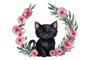 watercolor cute black kitty in pink flowers wreath on transparent background, perfect for cards, invitation and greetings