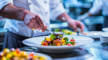A chef plating up dishes in the kitchen of an upscale restaurant, with focus on one dish that is beautifully arranged and garnished - obrazy, fototapety, plakaty