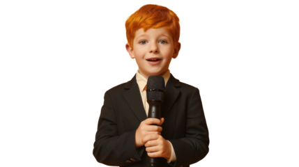 red-haired boy in a classic suit holds a microphone, isolated. mockup for design