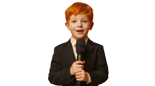red-haired boy in a classic suit holds a microphone, isolated. mockup for design