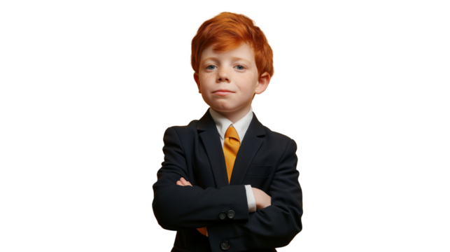 red-haired boy in a classic suit in a confident pose with crossed arms isolated. mockup for design