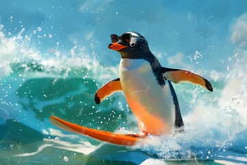 Penguin Riding Surfboard