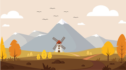 Fields in the Mountains Landscape Illustration