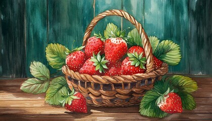 Basket with strawberries on wooden background, art design