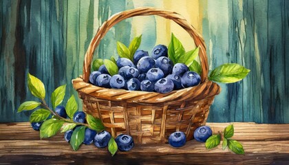 Basket with blueberries on wooden background, art design