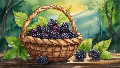 Fototapeta na wymiar Basket with blackberry on wooden background, art design
