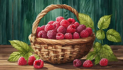 Basket with raspberries on wooden background, art design