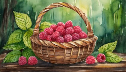 Basket with raspberries on wooden background, art design