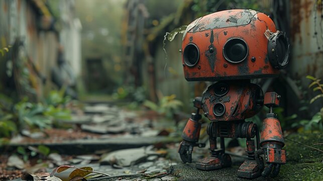 A clockwork toy soldier marching alone through an ancient, crumbling city Style: steampunk horror This image contrasts mechanical precision with the decay of time, 