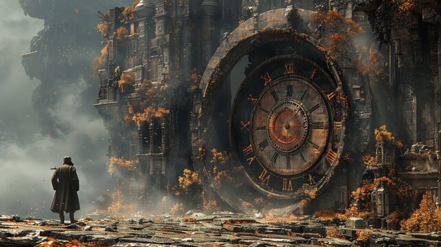 A clockwork toy soldier marching alone through an ancient, crumbling city 