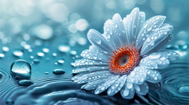 Daisies and gerberas adorned with water drops in a blossoming garden
