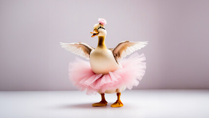 Obraz premium Feathered Ballerina: A Whimsical Duck Charms in Pink Tutu, Adding Flair and Fluff to the Blank White Space