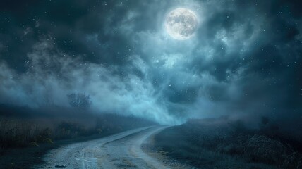 Fototapeta premium Nighttime landscape with full moon illuminating winding road and cloudy sky