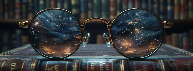 A pair of glasses that reveal otherworldly entities to the wearer in an old bookstore  - obrazy, fototapety, plakaty