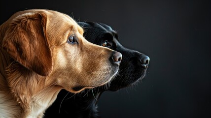 Two dogs, one black and golden, profile view against dark background