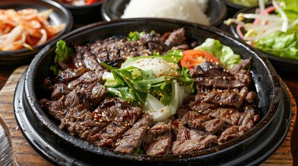Beef sirloin with rice on hot plate