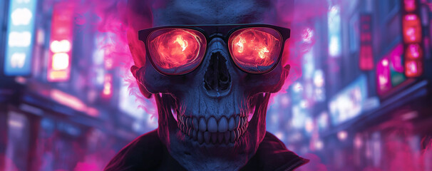 psychedelic background wallpaper with a scary cyberpunk skull, bad and weird horror villain character with glasses - obrazy, fototapety, plakaty