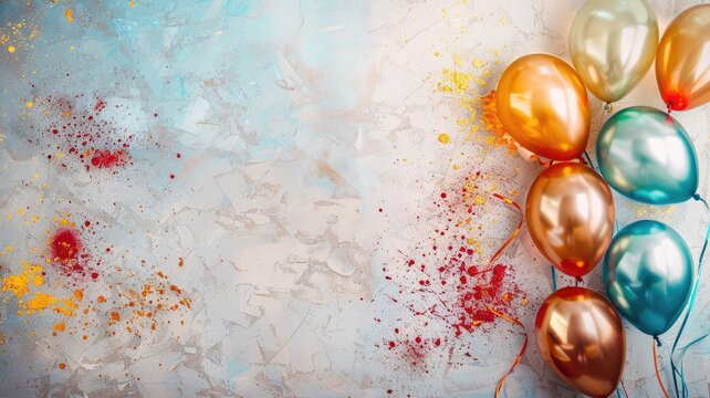 Colorful balloons against textured background with splattered paint