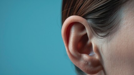 Close-up of person's ear with blue background