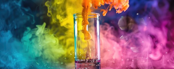 Vibrant science laboratory scene with chemical flasks, smoke, and bursts of flame representing experiment