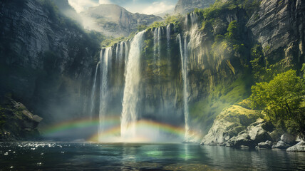 a majestic waterfall cascading down rugged cliffs into a crystal-clear pool below - obrazy, fototapety, plakaty