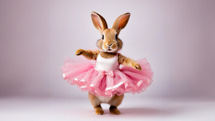 En Pointe Euphoria: Rabbit in Pink Tutu Performs Ballet Dance, Adding Whimsy to White Background
