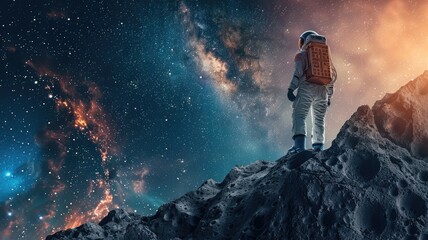 Astronaut standing on rocky surface with cosmic backdrop of stars and nebulae