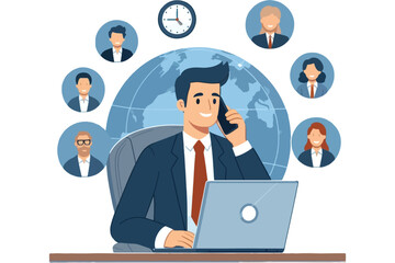 flat drawing illustration of a person having a conference call with his business team online