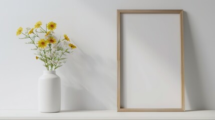 Featuring a vase full of yellow daisy flowers, this square wooden frame dummy - Powered by Adobe
