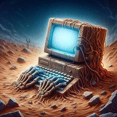 old computer with a glowing screen, lost in the desert - 790753935