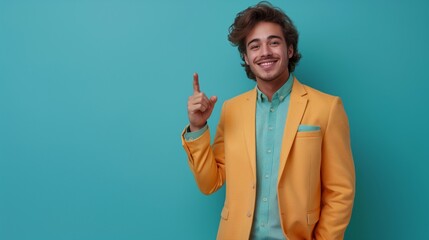 copy space, isolated background, Happy man pointing to side. showing something