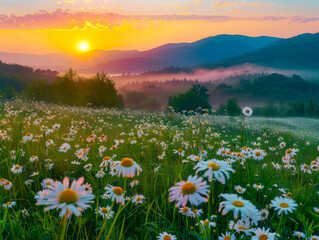 A field of daisies with a beautiful mountain landscape in the background - obrazy, fototapety, plakaty
