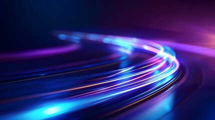 Blue curved light track on purple background, abstract technology and speed concept with glowing lines