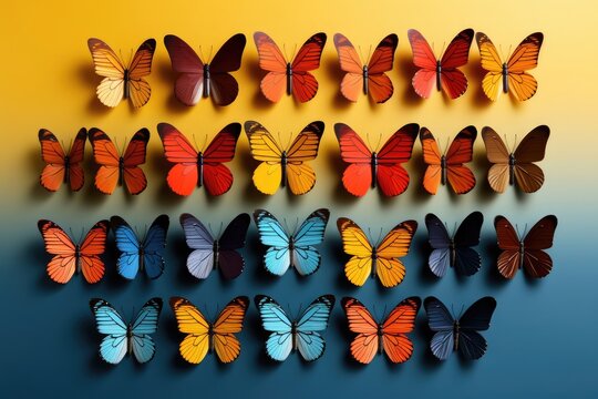Colorful butterflies on blue background. Top view. spring pattern nature background.