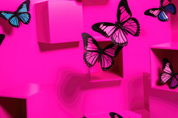 Pink butterflies on a summer background with copy space for text.