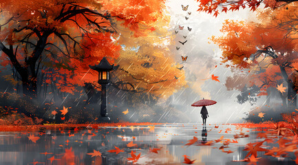 Gentle Rainfall Melody: AR Watercolor Park Scene with Interactive Autumn Shower and Butterfly Retreats - obrazy, fototapety, plakaty