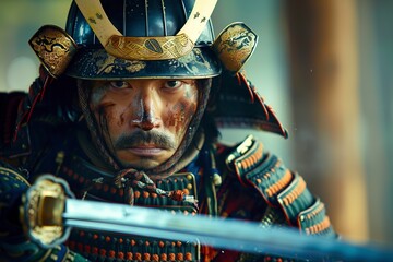 Samurai Holding Sword and Wearing Helmet
