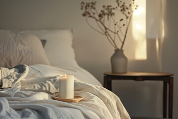A candle is lit on a bedspread in a bedroom