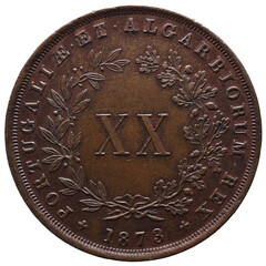 Portuguese coin of XX Réis in copper from the reign of Luiz I king of Portugal in the 19th century