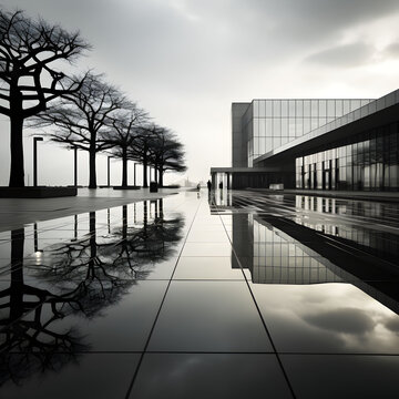 A large building with a glass facade and a walkway in front of it. The walkway is wet and has a reflection of the building in the water. Generative AI