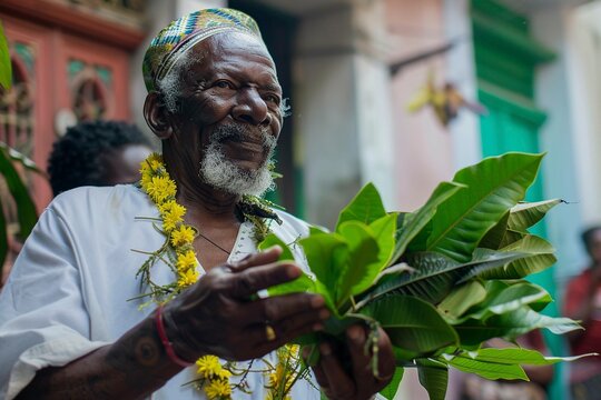 man in a white dress holding a plant