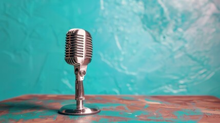 Table with vintage-style microphone against blue wall backdrop