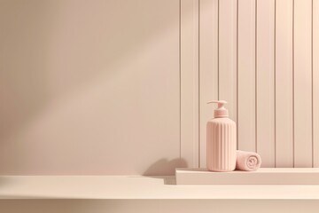 A bottle of lotion sits on a shelf next to a roll of toilet paper
