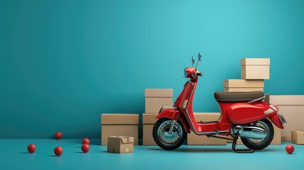 Cardboard boxes and motorcycle delivery courier scooter on blue background. Delivery concept.
