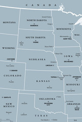 Great Plains Region of the United States, gray political map. Sometimes simply the Plains, are a broad expanse of flatland in North America, located between the Rocky Mountain and the Midwest region.